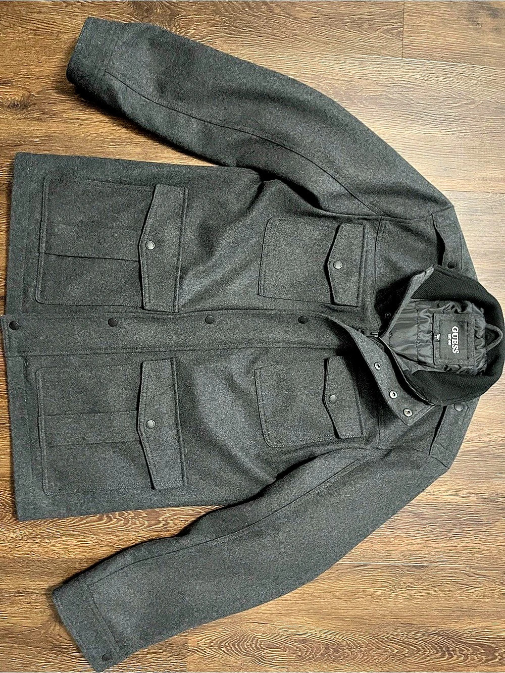 GUESS Wool-Blend Military Jacket with Removable Bib Men's Field Jacket in Gray